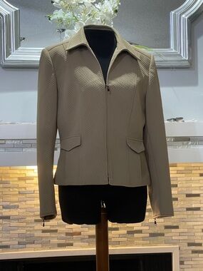 Talbots Jacket Womens 12 Beige Quilted Zip Front Lined Zipper Cuffs Knit Blazer